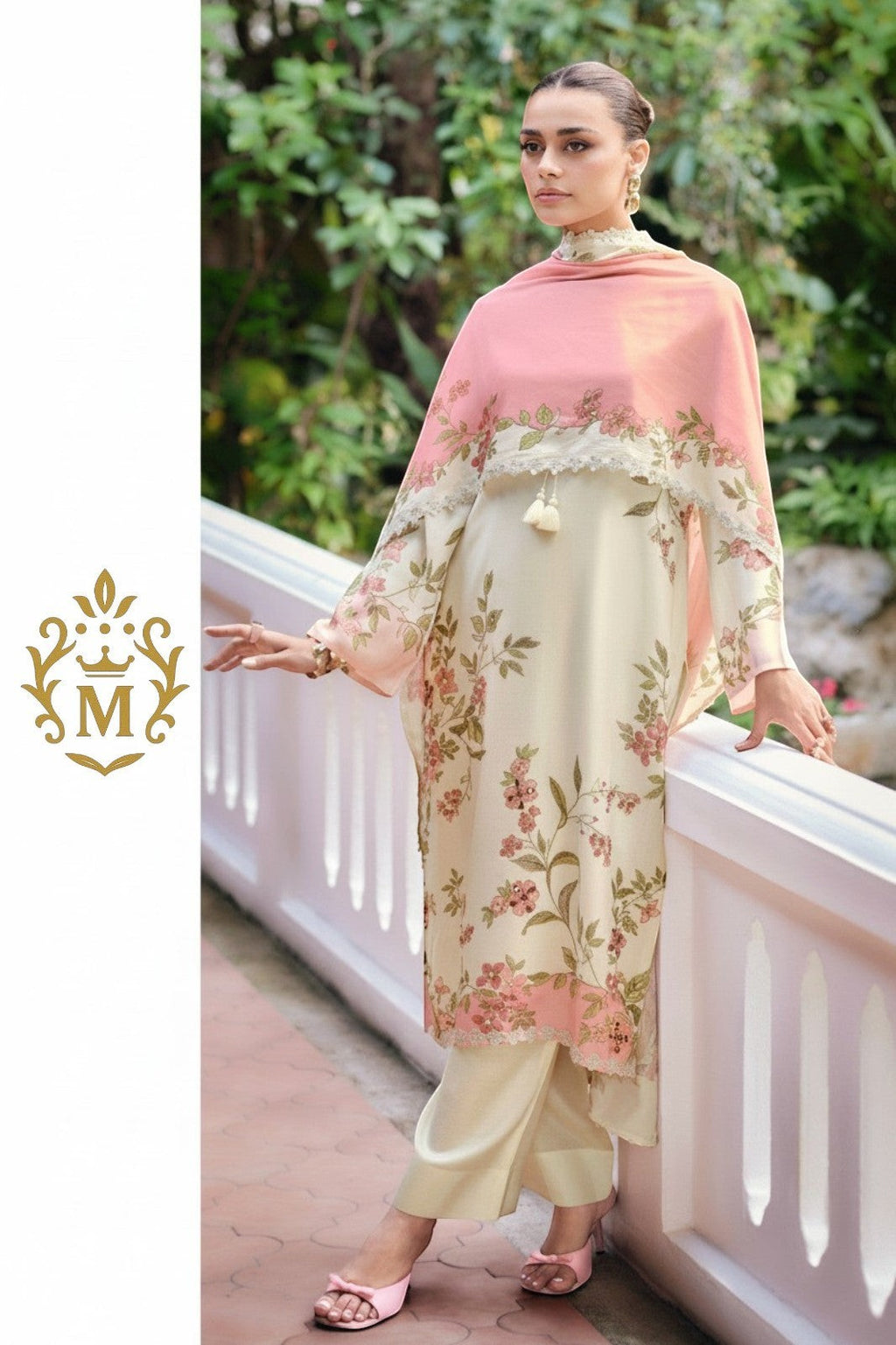 Maharani Royal Couture cream viscose muslin suit with digital floral print, handwork, lace trim, and pink dupatta. Model wears matching satin pants and pink heels.