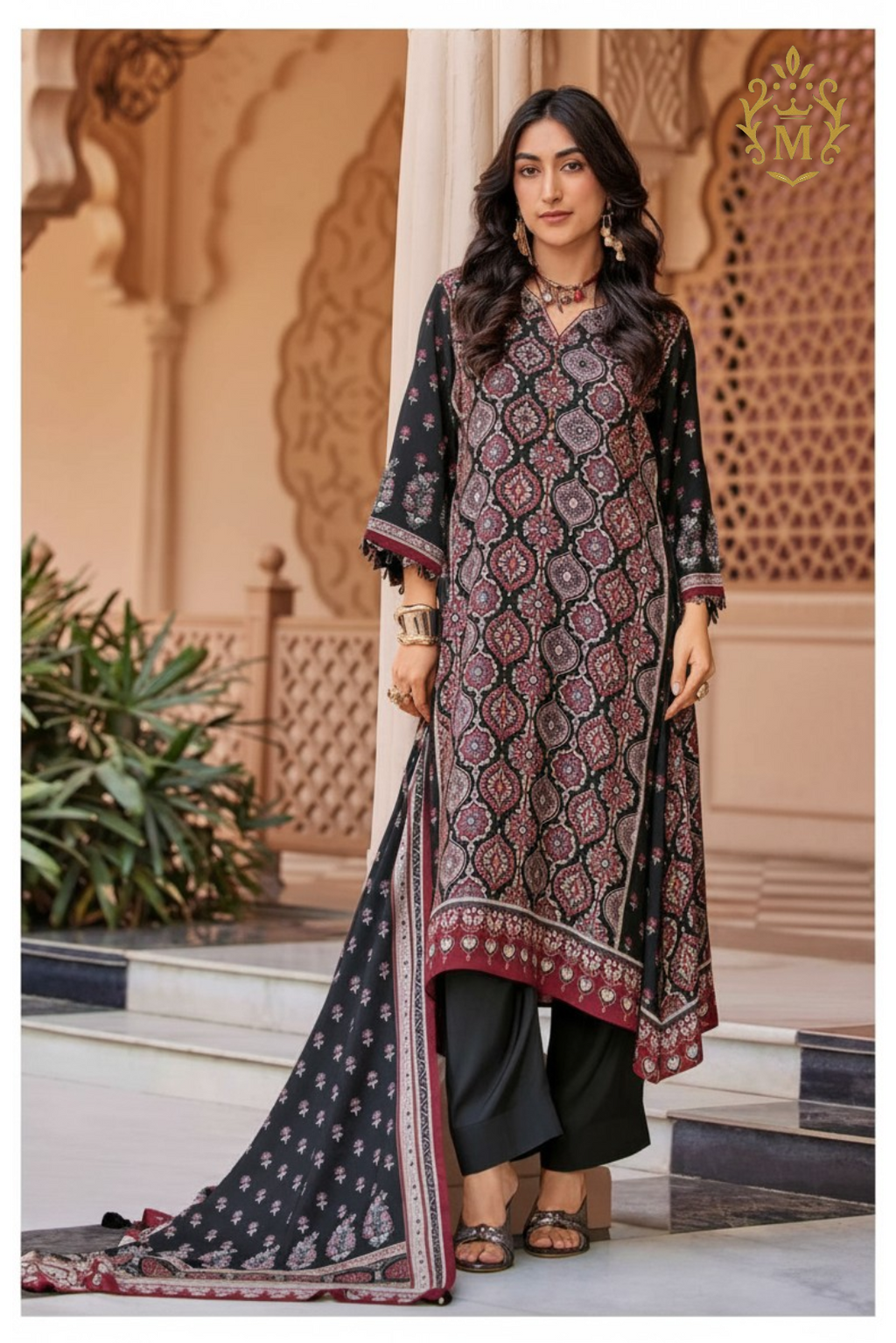 Viscose Muslin Suit Digital Print with Mirror Handwork