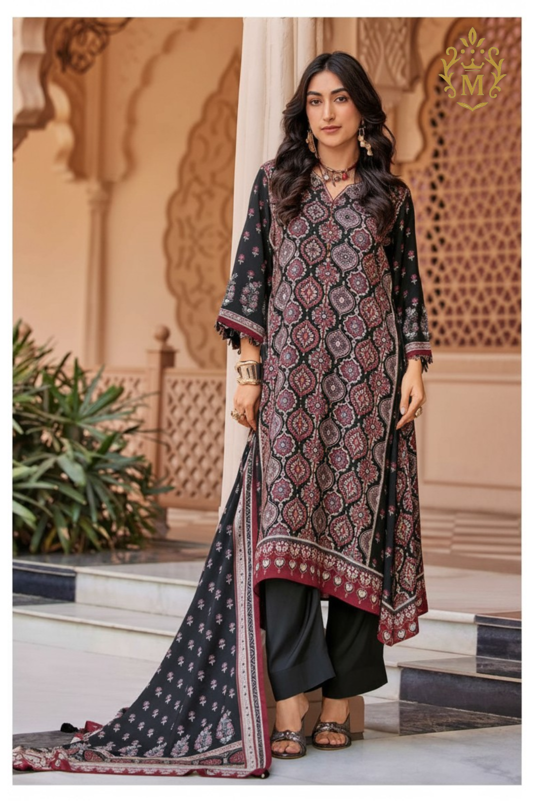 Viscose Muslin Suit Digital Print with Mirror Handwork